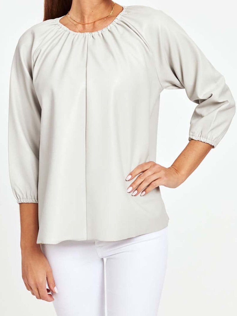 Dolce Cabo Vegan Leather Puff Sleeve Top Gathered Neck Size L Great Condition